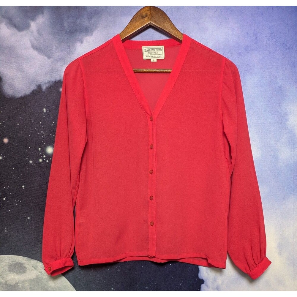 Vintage Red Sheer Button-Up Blouse Charlotte Ford Boutique Size 6 Classic Career